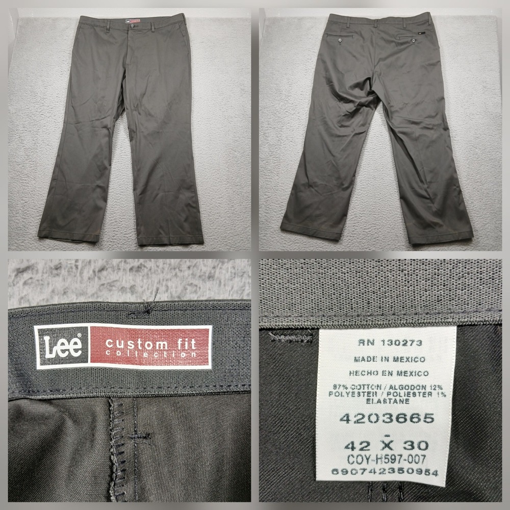 Lee Custom Fit Dress Pants Men's 42x30 Gray Stretch Flat Front Slacks